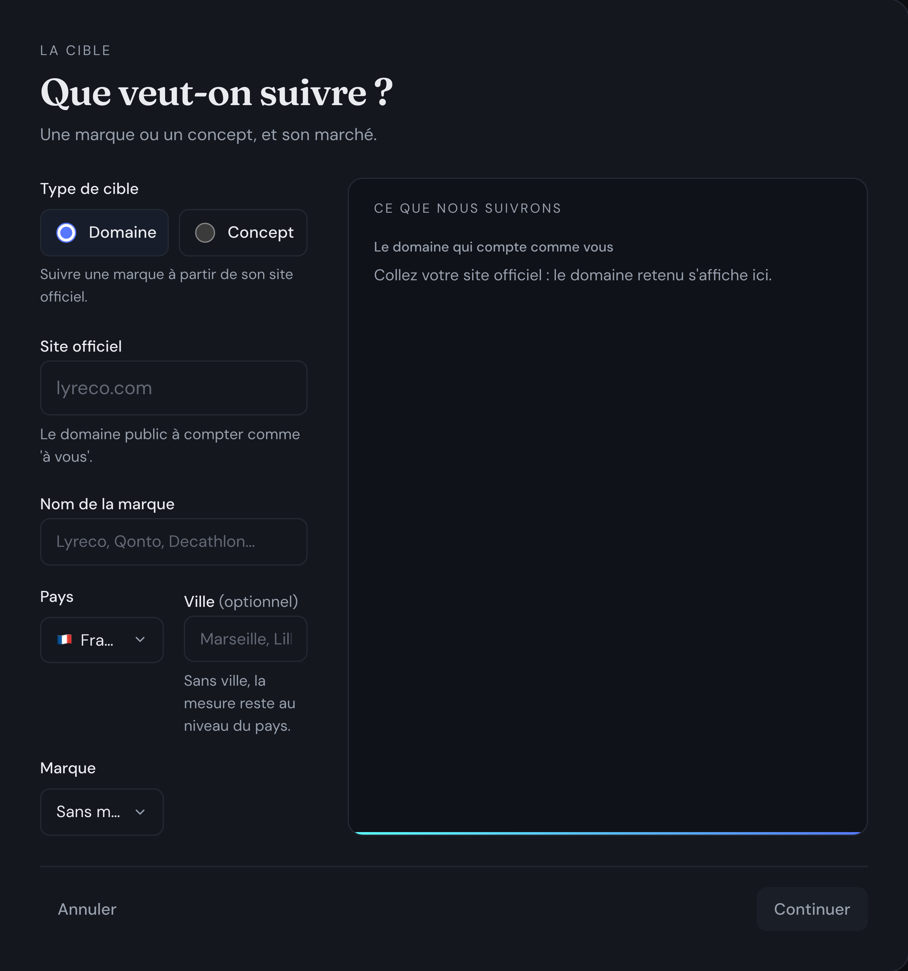 La première étape de la création : le choix entre suivre un domaine ou un concept, le champ du site officiel, le nom de la marque, le pays, la ville marquée optionnelle avec la mention que sans elle la mesure reste au niveau du pays, et la marque de rattachement.