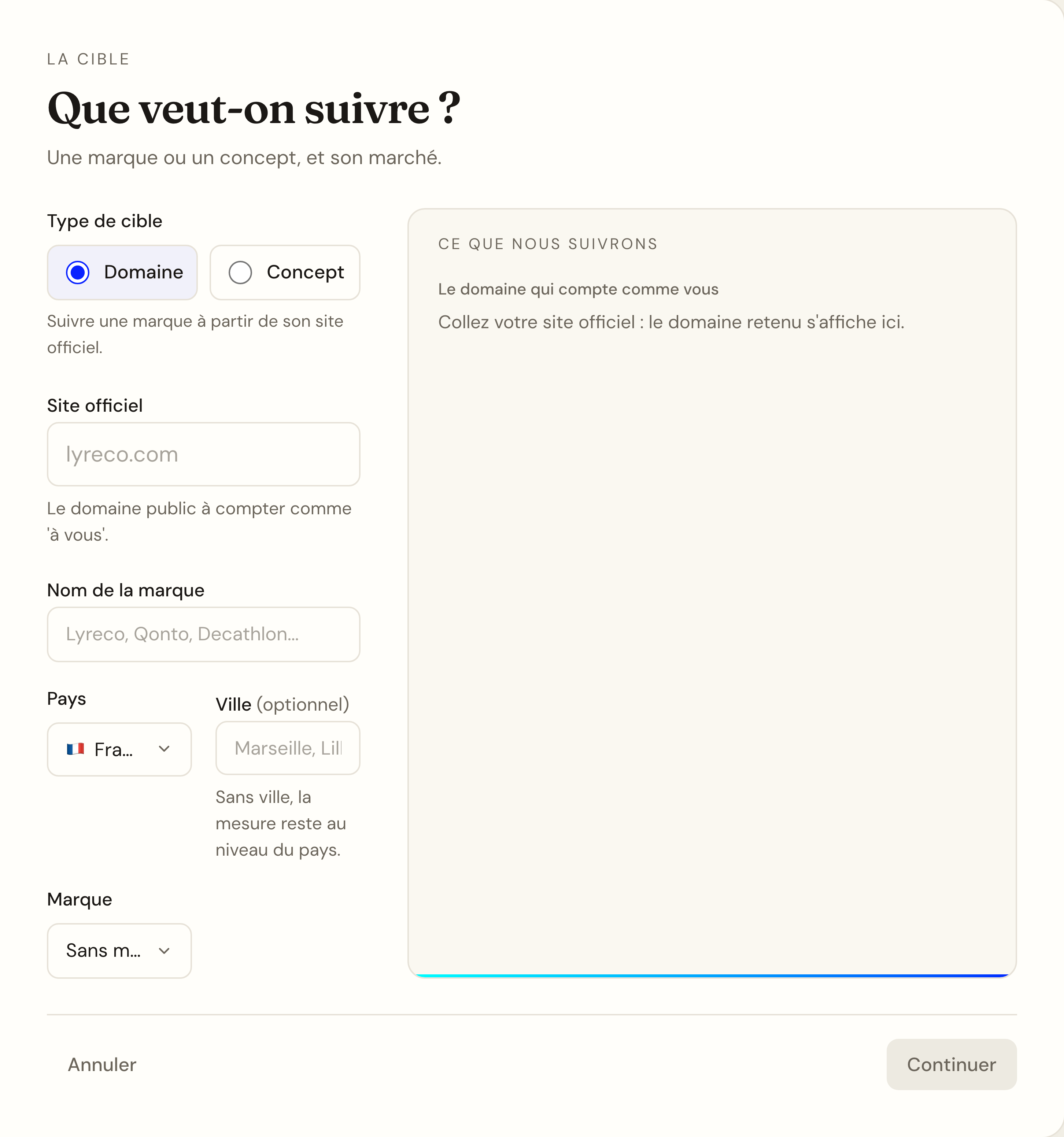 La première étape de la création : le choix entre suivre un domaine ou un concept, le champ du site officiel, le nom de la marque, le pays, la ville marquée optionnelle avec la mention que sans elle la mesure reste au niveau du pays, et la marque de rattachement.